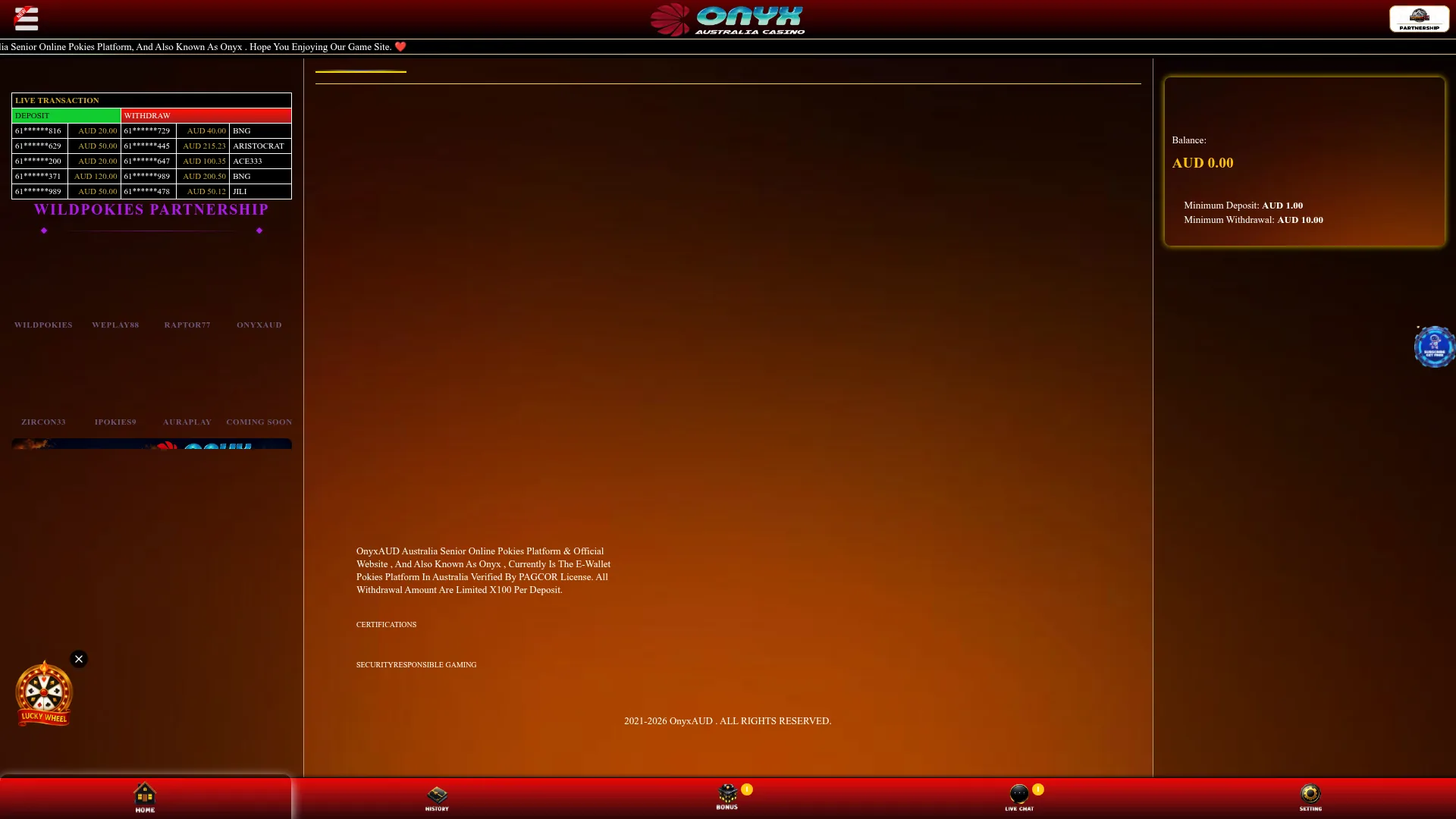Onyx Casino desktop site for Australian players